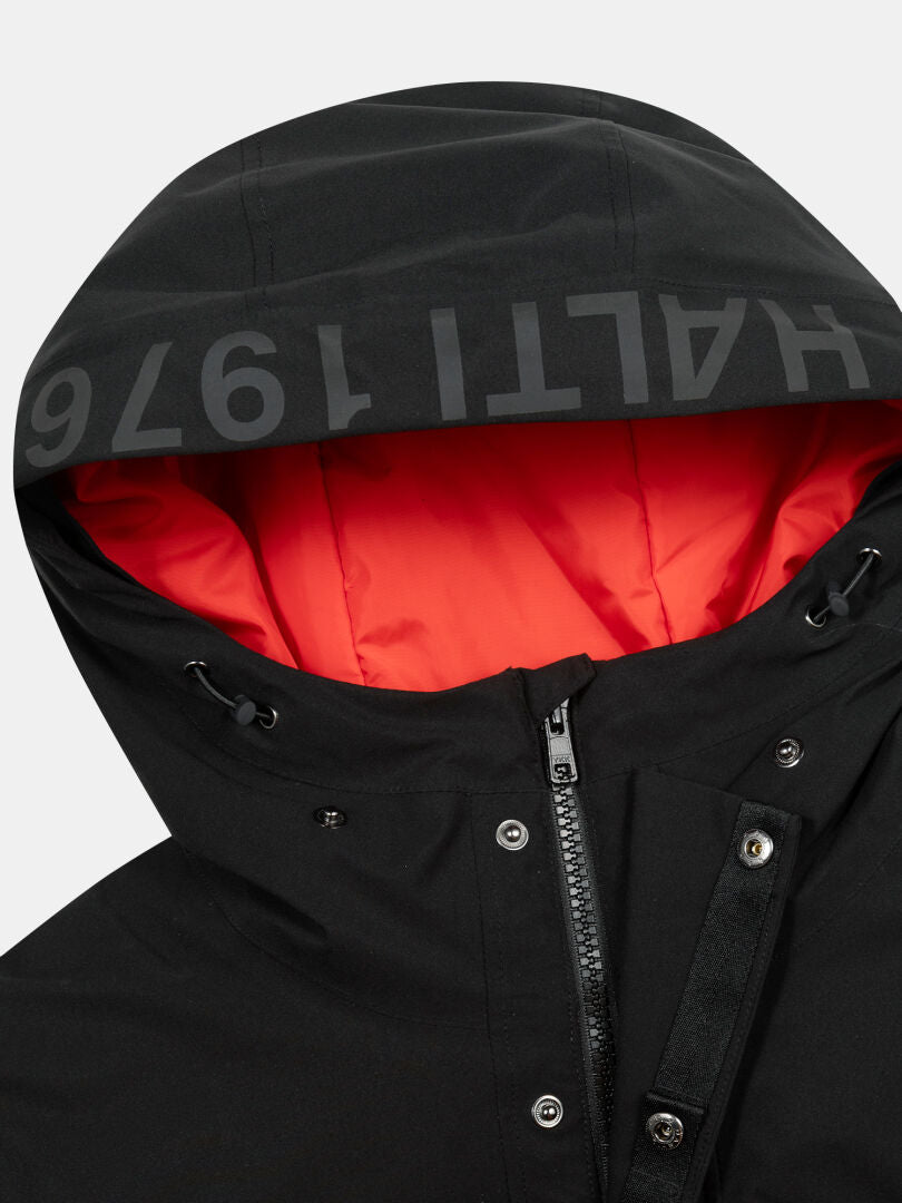 Close-up of the Halti 1976 Down Parka Unisex, black with orange lining and 