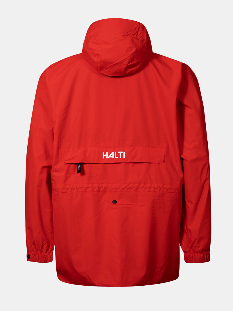 The Halti Coach Jacket is a red DrymaxX windproof jacket with elastic cuffs, back flap pocket, and white Halti logo.