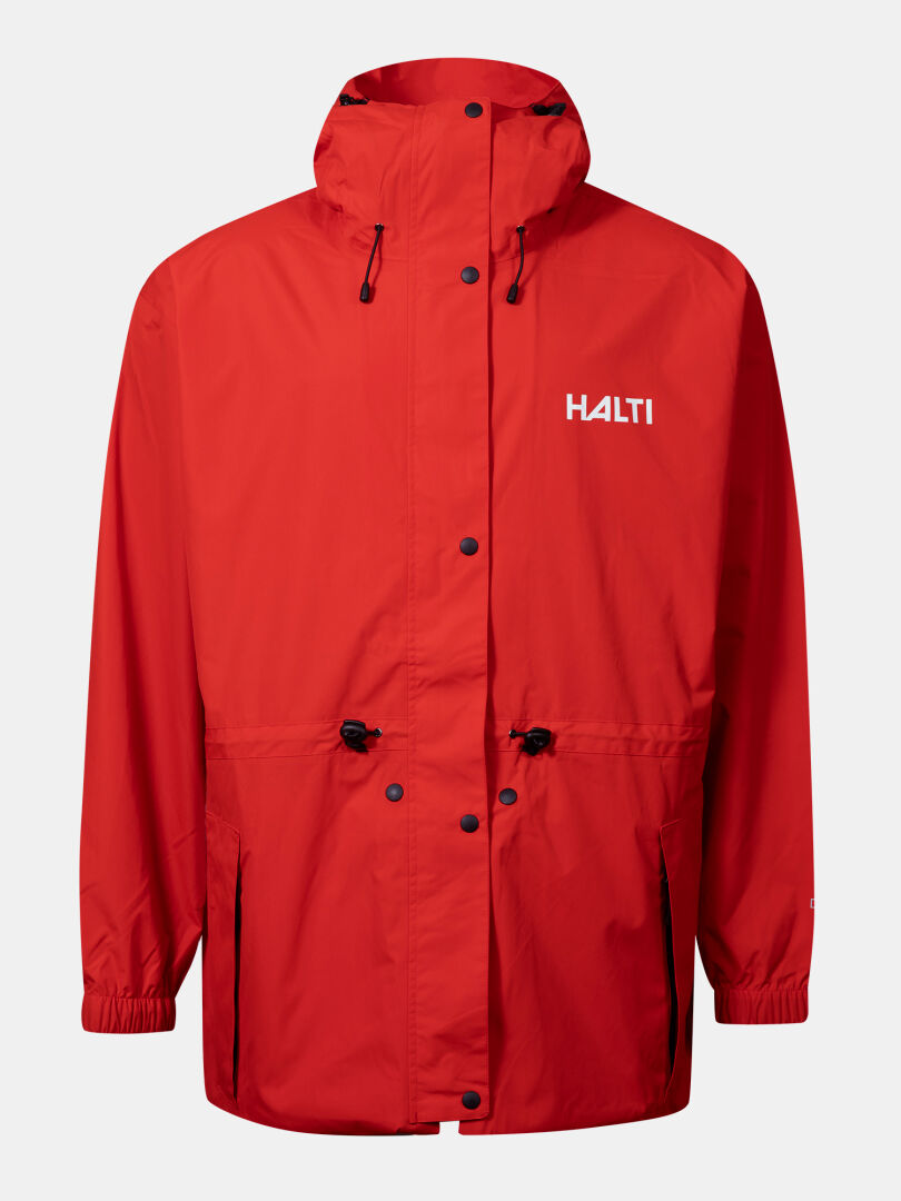 The Halti Coach Jacket is a red hooded waterproof shell with black drawstrings, front buttons, and HALTI in white on the chest.