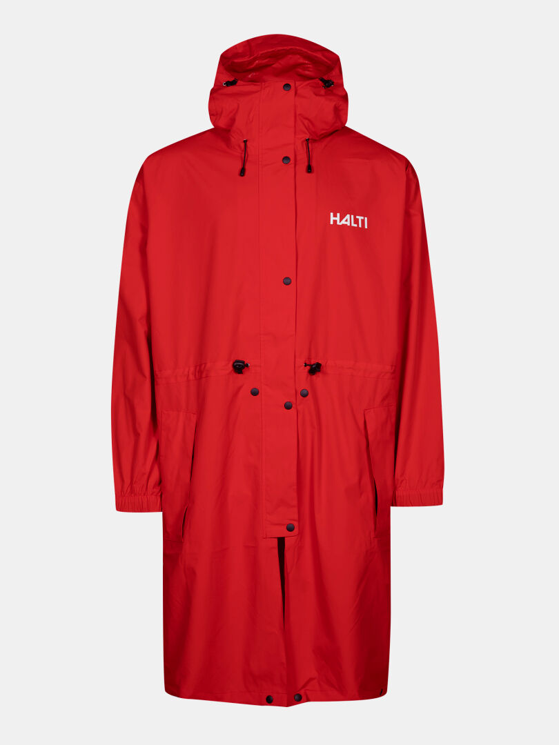 The Halti Coach Jacket is a long red waterproof shell with hood, front buttons, waist drawstrings, and a chest logo.