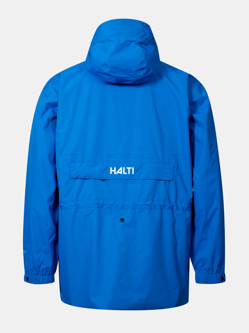 The Halti Coach Jacket is a bright blue waterproof shell with a hood and 