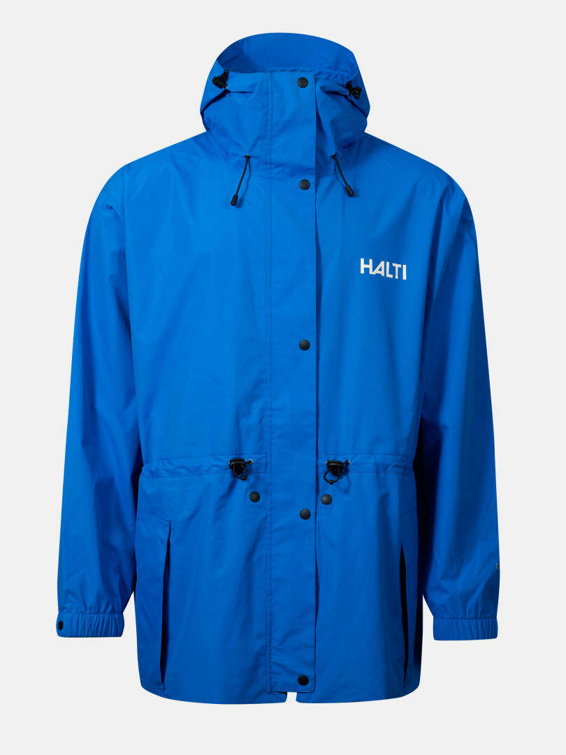 The Halti Coach Jacket is a blue waterproof shell with black drawstrings, elastic cuffs, snap buttons, and HALTI chest print.