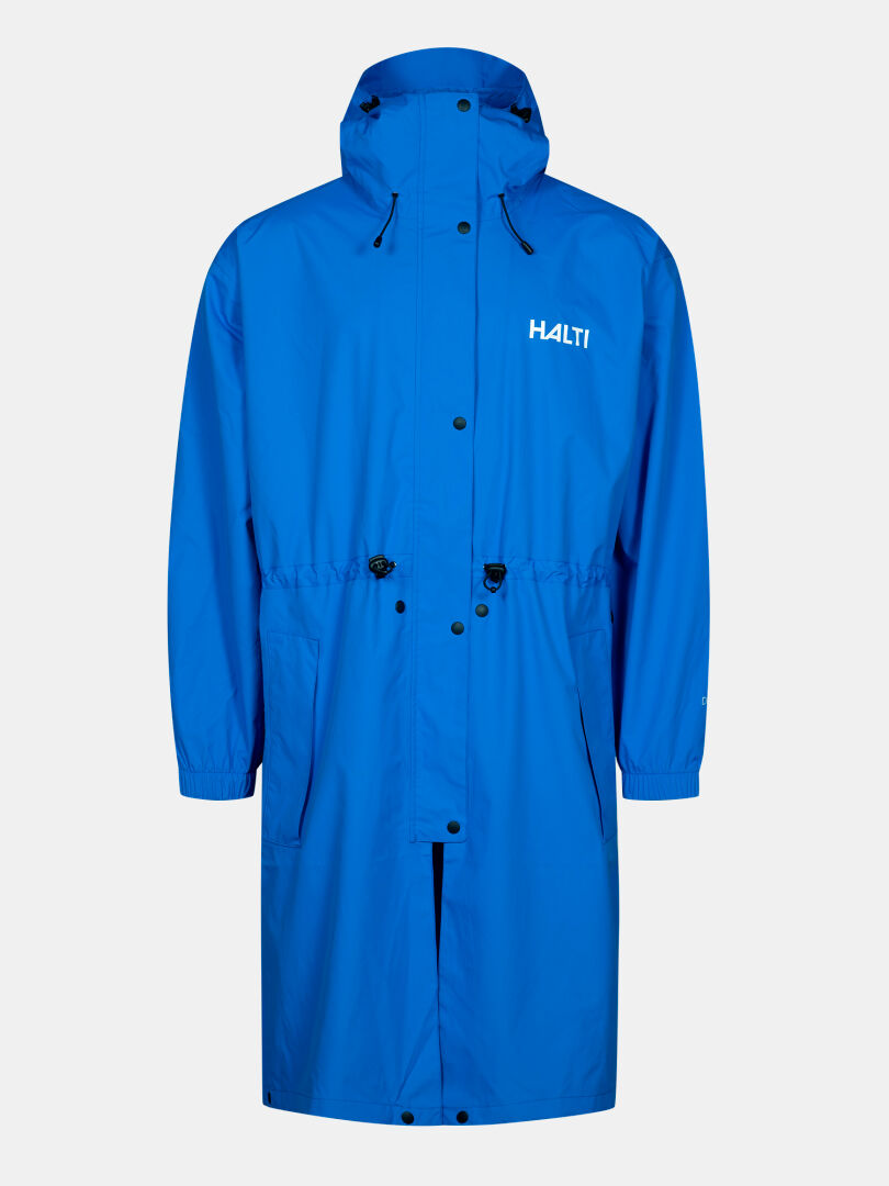The Halti Coach Jacket is a long blue waterproof shell with a hood, front buttons, pockets, and Halti chest logo.