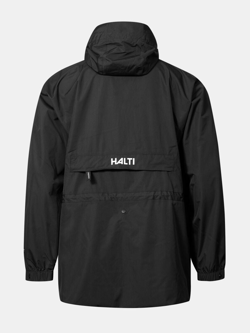 The Halti Coach Jacket is a black waterproof shell with zip pocket, elastic cuffs, and windproof DrymaxX fabric.