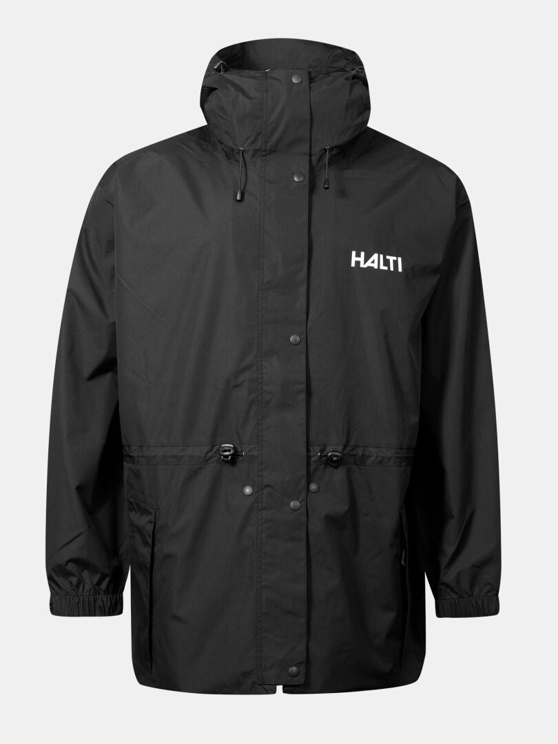 Halti Coach Jacket: Black waterproof shell with DrymaxX, front zipper, drawstring waist, and HALTI chest logo.