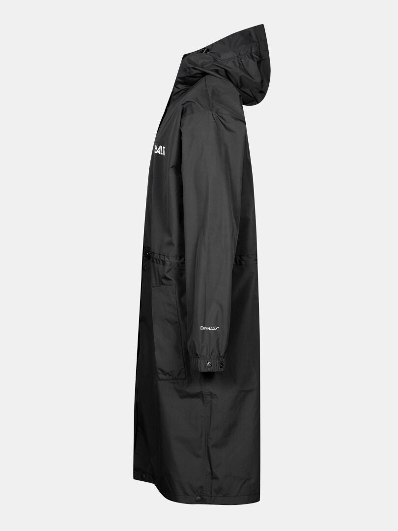 The Halti Coach Jacket is a long black raincoat with an adjustable hood, shown from the side on a plain light background.