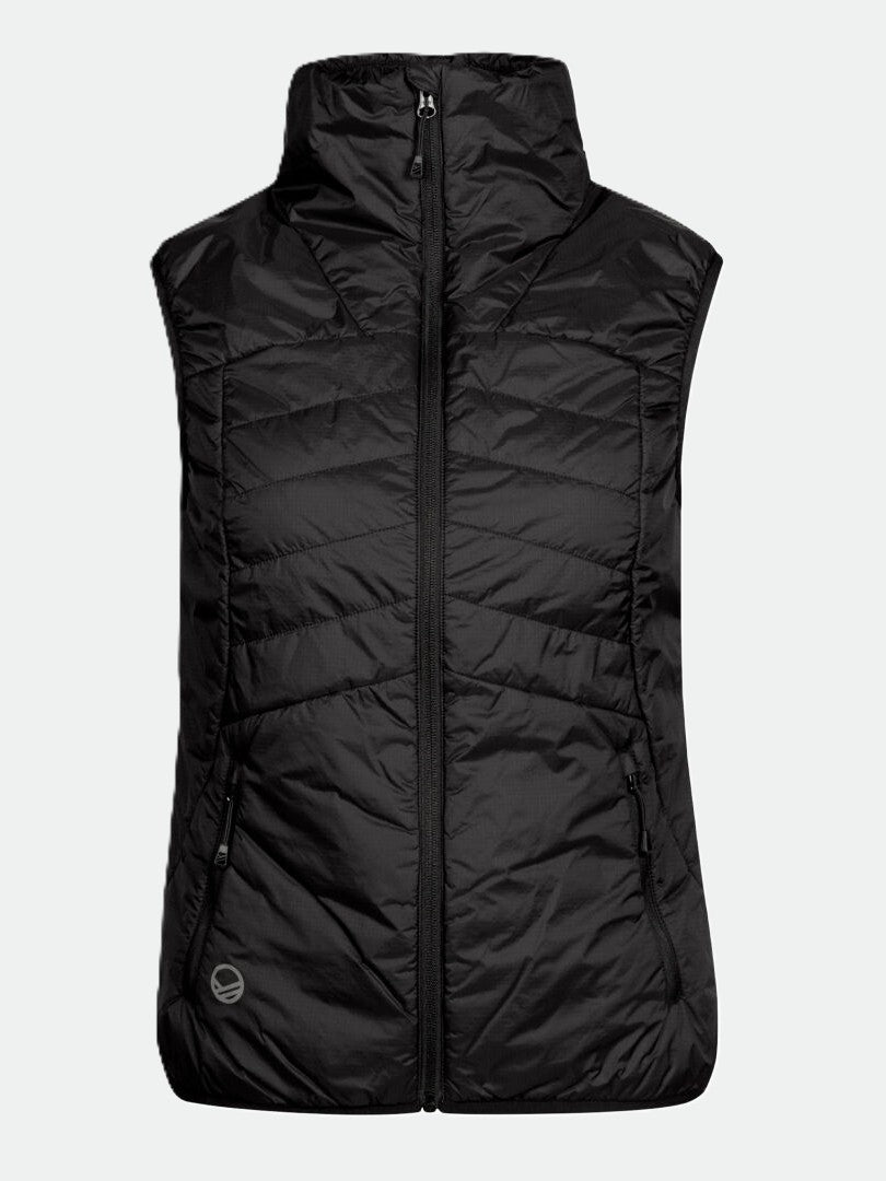 Halti Heatix PrimaLoft Women's Vest in black with front zipper, zip pockets, and high collar on a plain background.