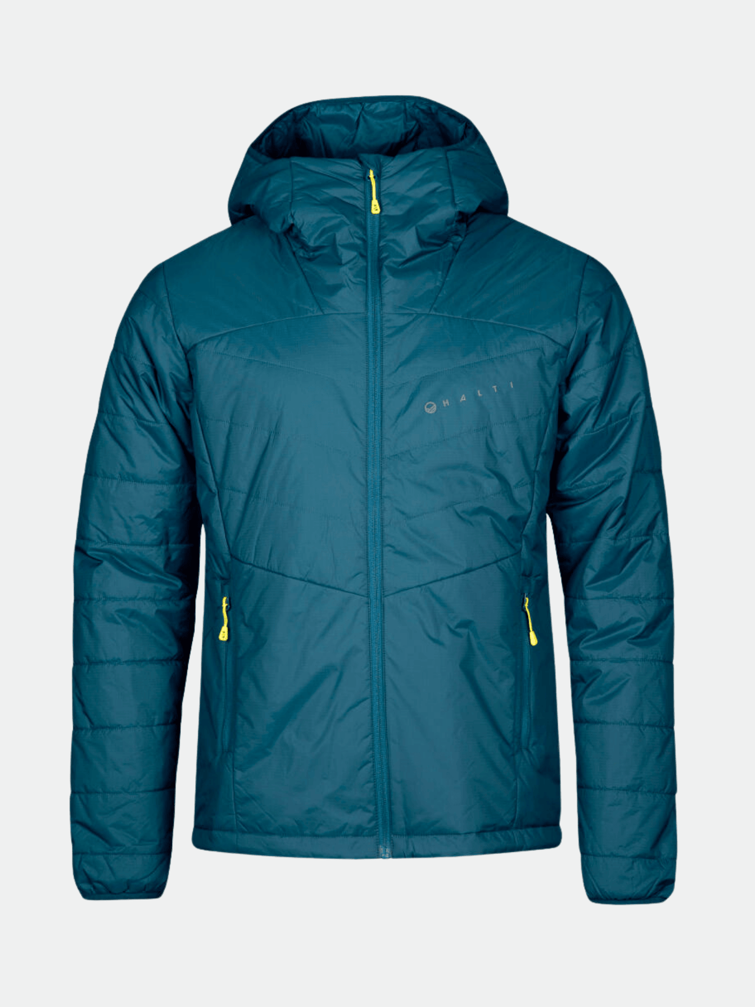 Halti Heatix PrimaLoft Jacket Men's in teal with yellow zippers, shown on a light gray background.
