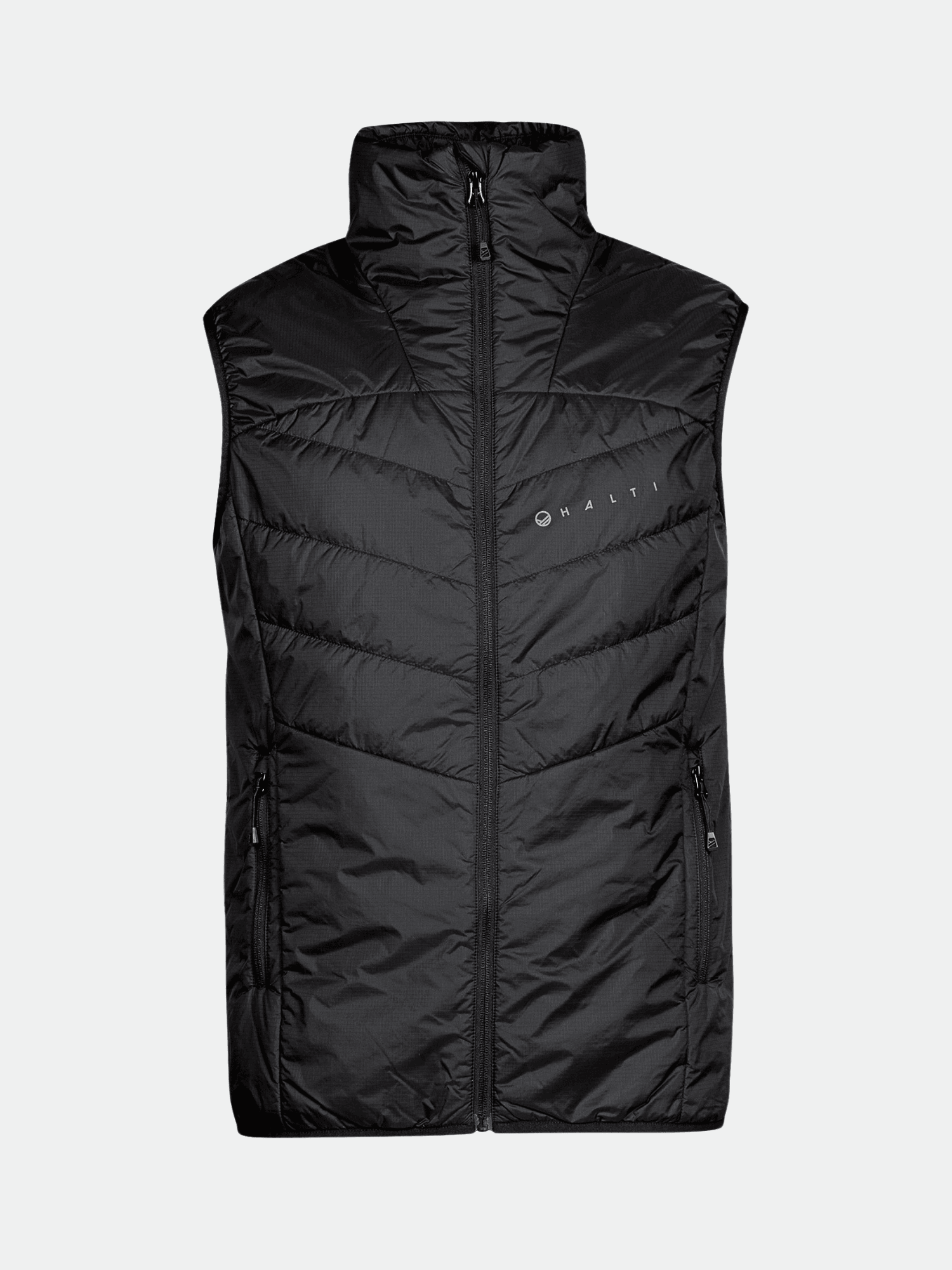 Halti Heatix PrimaLoft Vest Men's: black, sleeveless, front zipper, 2 pockets, lightweight Primaloft Silver insulation.