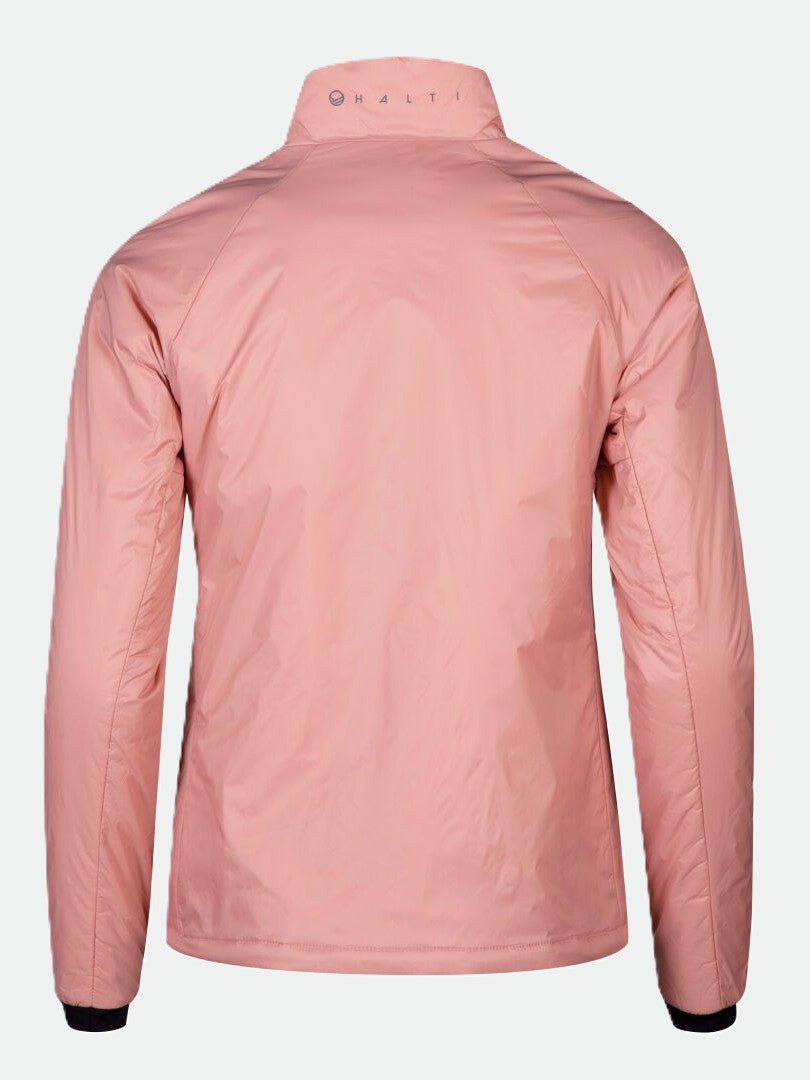 The Halti Neon Insulation Jacket Women's is a light pink, warm, breathable, long-sleeve jacket with HALTI on the collar.