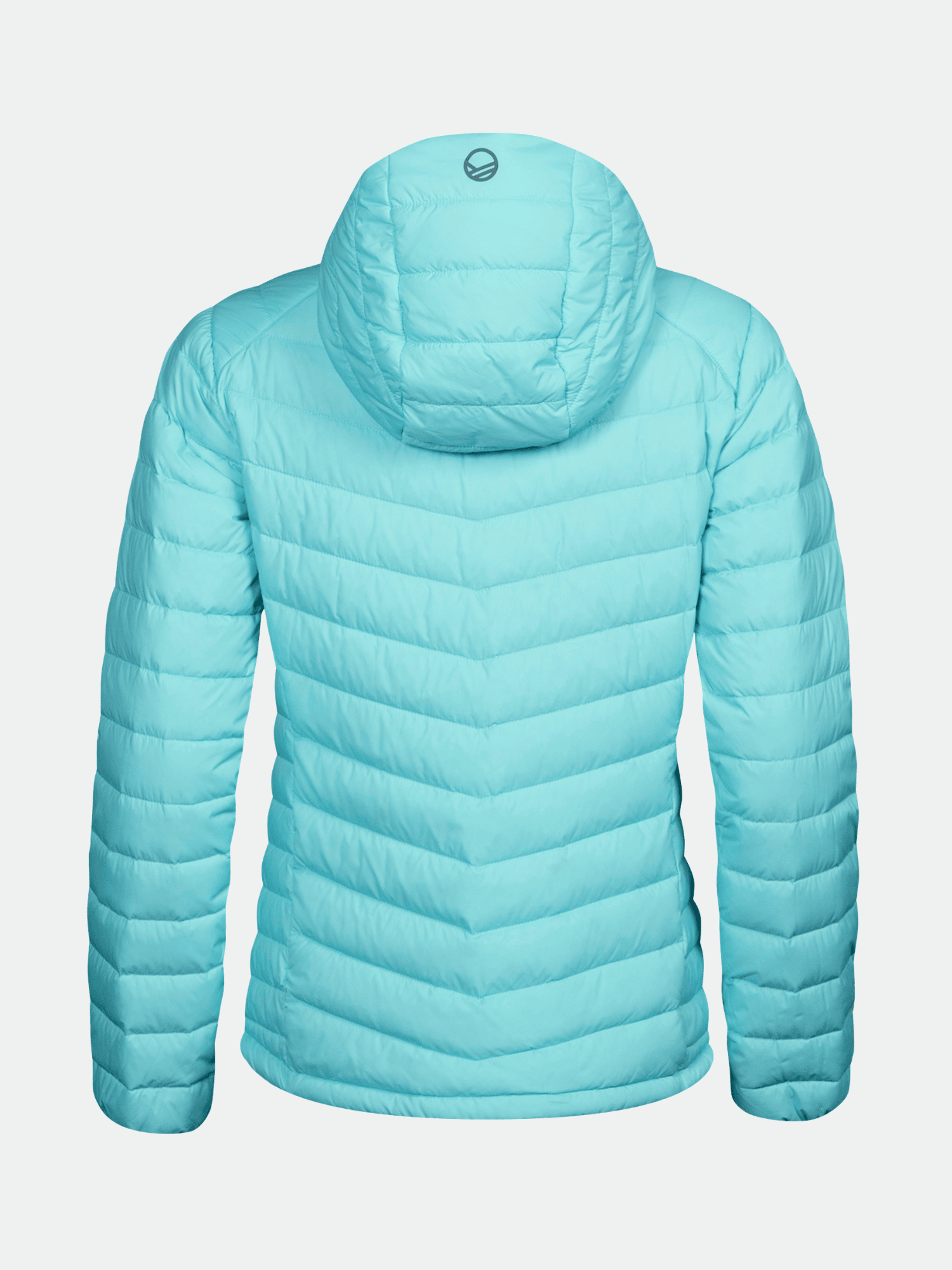 Halti Huippu Down Jacket Women's in light blue, hooded, shown from the back, made with Pertex Quantum ripstop.