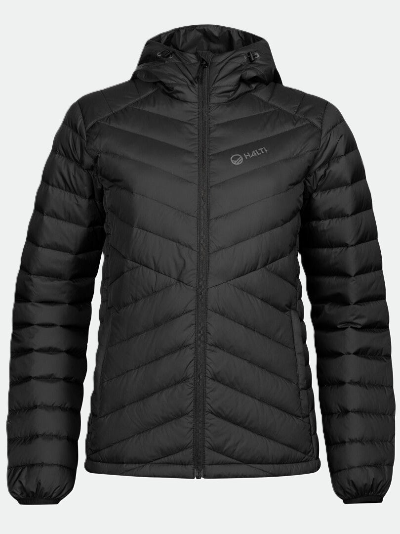 The Halti Huippu Down Jacket Women's is a black, hooded puffer with RDS duck down and subtle diagonal stitching.