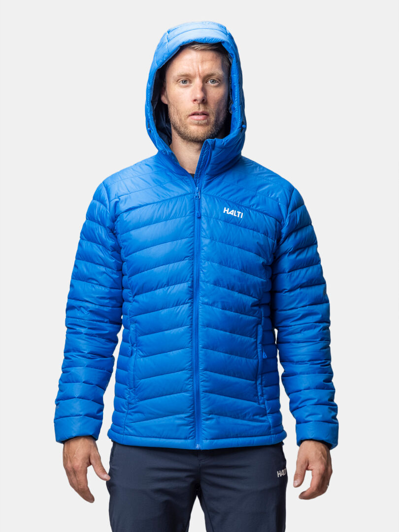 A man in a Halti Huippu Down Jacket Mens with a hood stands facing forward against a plain white background.