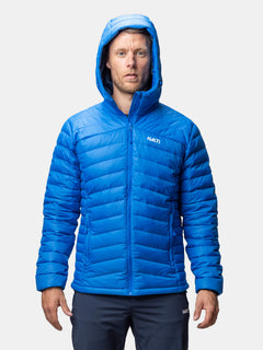 A man in a Halti Huippu Down Jacket Mens with a hood stands facing forward against a plain white background.