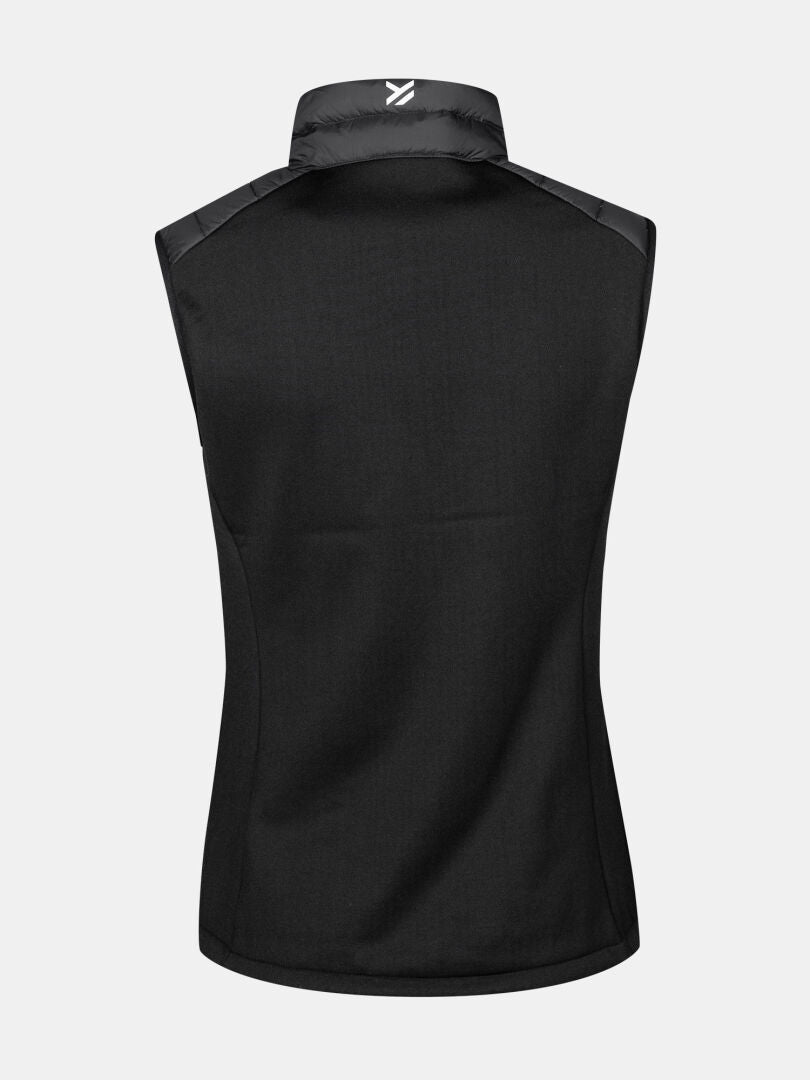 The Halti Huippu Hybrid Down Vest Womens in black, shown from the back, has a high collar and a white neck logo.