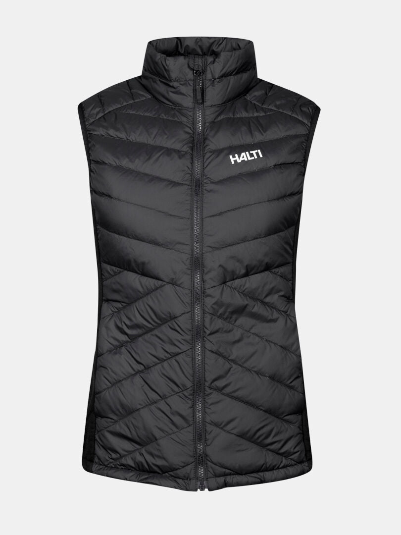 Halti Huippu Hybrid Down Vest Womens: black Pertex Quantum Ripstop, front zipper, high collar, and logo.
