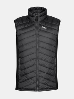 The Halti Huippu Down Vest Men’s in black features a sleeveless Pertex Quantum Ripstop design and front zipper.