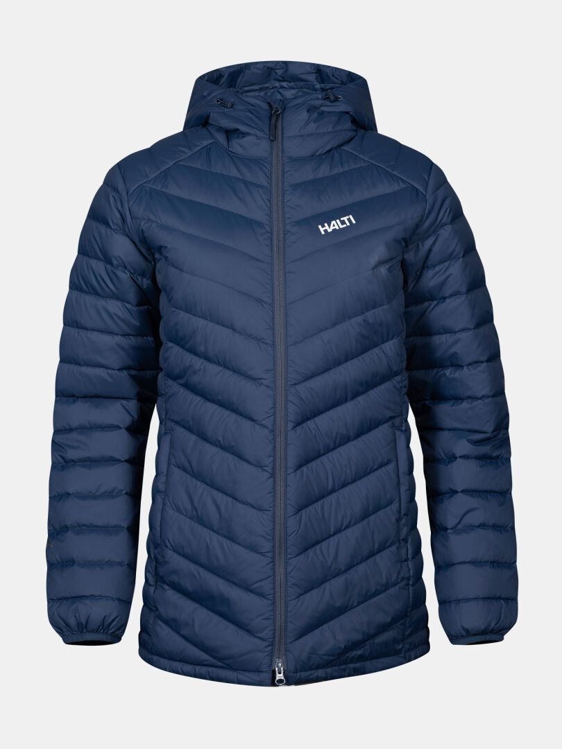 Halti Huippu Mid Down Jacket Womens: navy, hooded, chevron-stitched, Pertex Quantum Ripstop, RDS duck down.