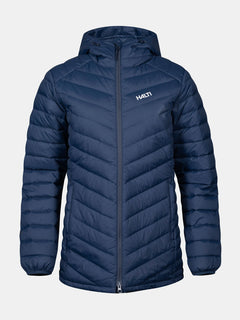 Halti Huippu Mid Down Jacket Womens: navy, hooded, chevron-stitched, Pertex Quantum Ripstop, RDS duck down.
