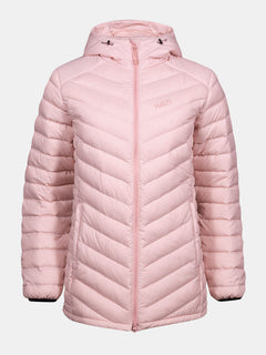 Halti Huippu Mid Down Jacket Womens: light pink, hooded, front zip, subtle logo, RDS-certified duck down.
