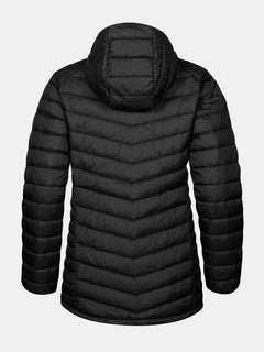Halti Huippu Mid Down Jacket Womens—black, hooded, lightweight down with Pertex Quantum Ripstop, shown from the back.