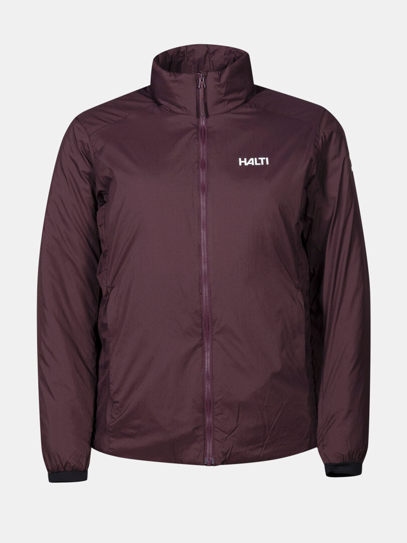 The Halti Haave Primaloft Insulation Jacket Women's in maroon, featuring a chest logo, is shown on a plain background.