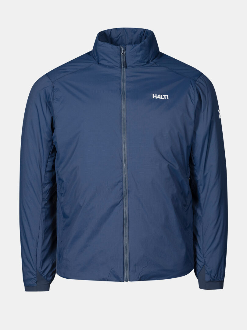 The Halti Haave men's blue ripstop jacket with PrimaLoft® RISE insulation, shown on a plain white background.