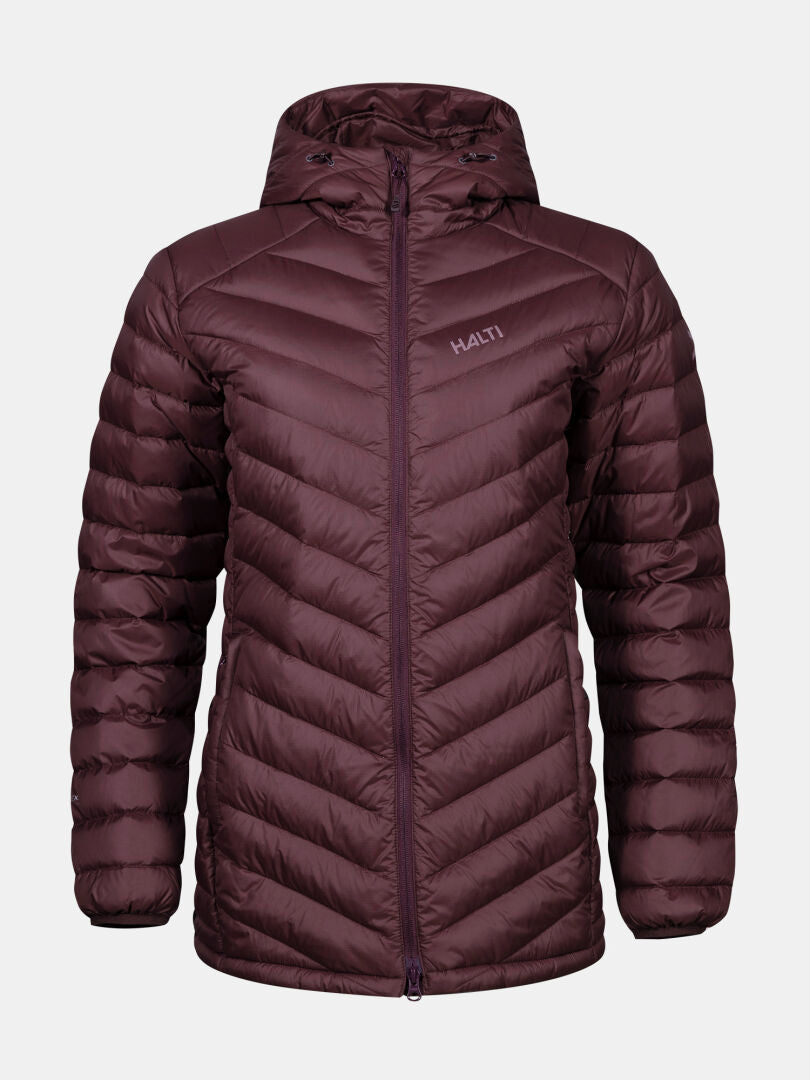 The Halti Huippu Mid Down Jacket Womens Plus in maroon features a hood, front zipper, and left chest logo.