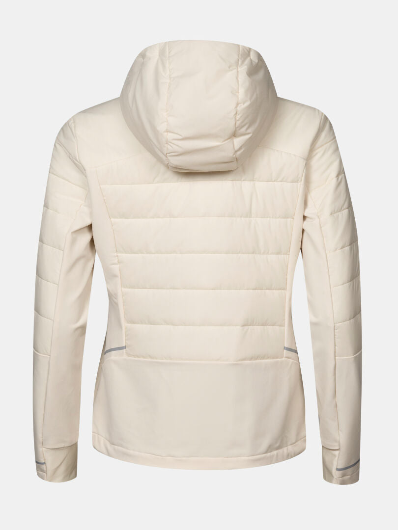 The Halti Valimo Hybrid Insulation Jacket Women’s, cream with hood, is shown from the back on a white background.