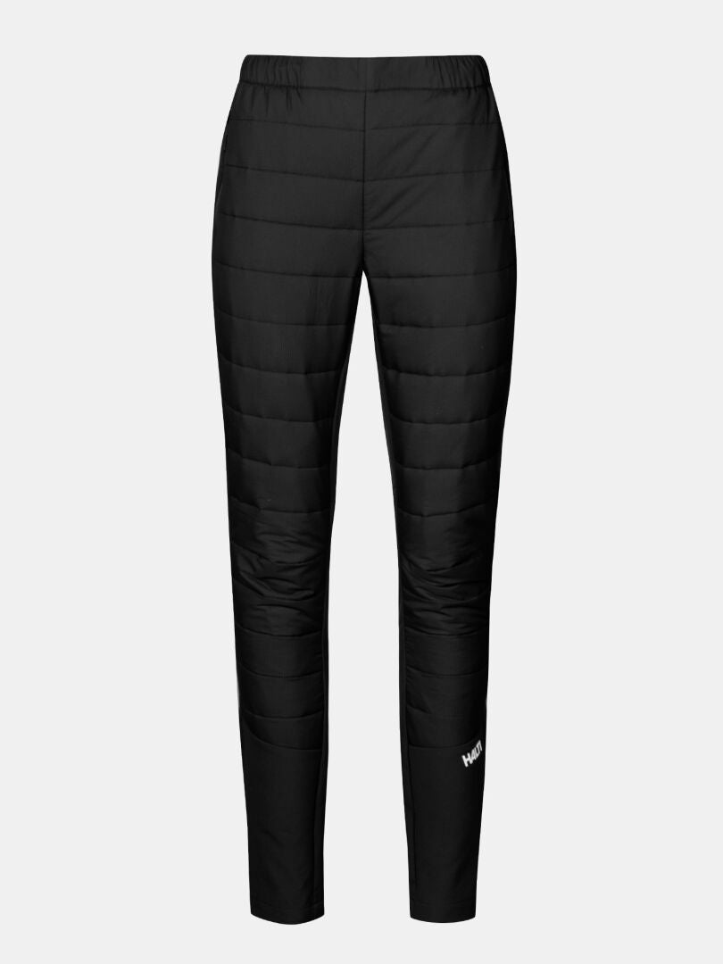 Halti Valimo Hybrid insulated women’s pants with elastic waist, narrow legs, and small white logo by left ankle.
