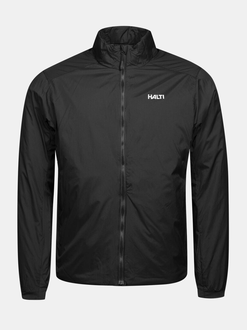Halti Haave 40 Primaloft Jacket Men’s: black, lightweight insulated quilted jacket with a full-length zipper and high collar.