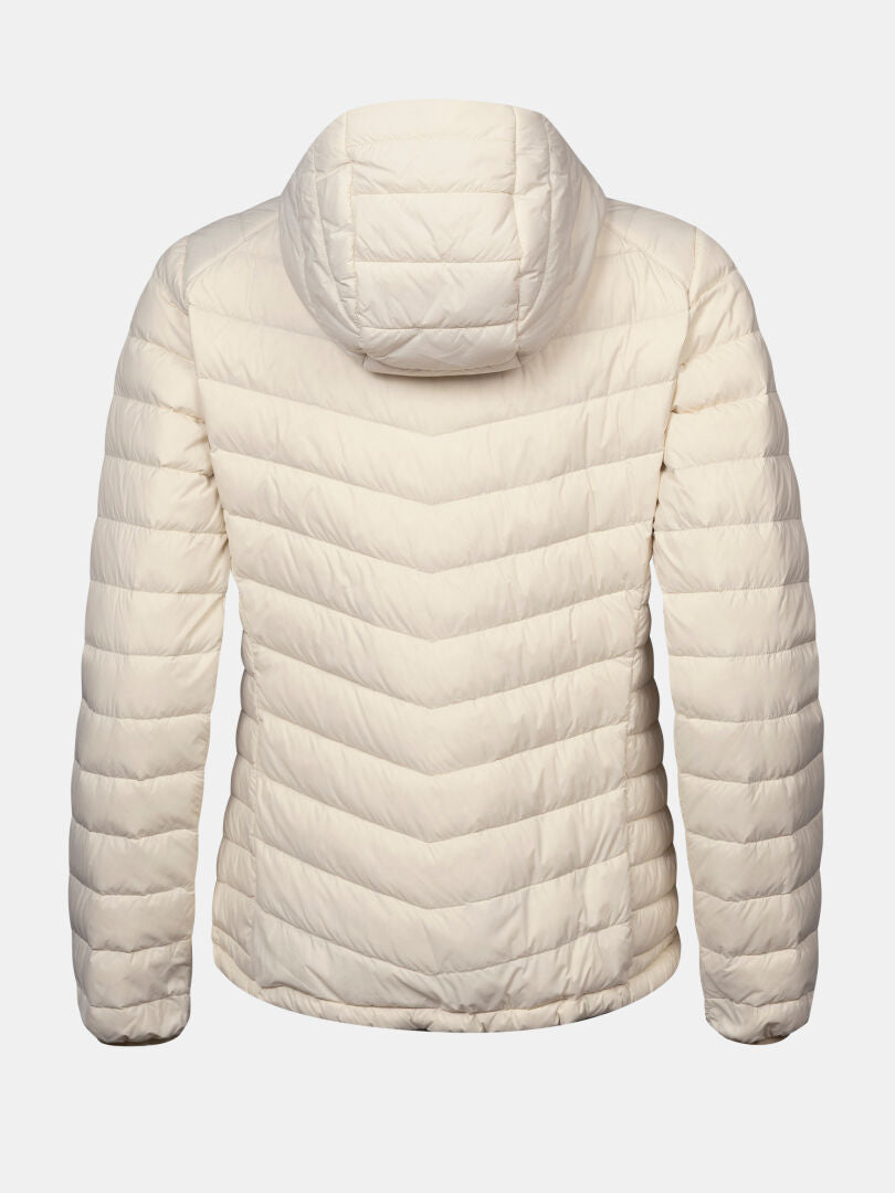Back view of the cream-colored Halti Huippu Untuvia Down Jacket Women’s with lightweight chevron quilting and a hood.