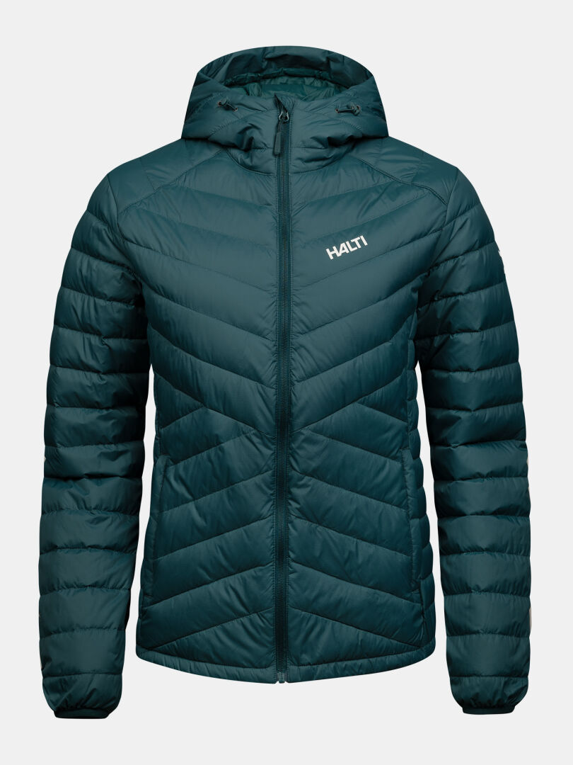 Huippu Untuvia Down Jacket Women’s: a dark teal hooded puffer jacket with a front zipper.