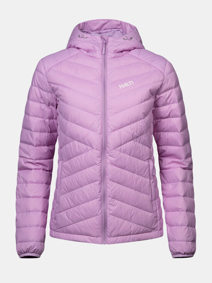 Huippu Untuvia Down Jacket Women’s in lavender with a hooded, chevron-quilted design and a front zipper.