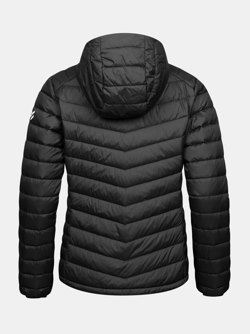 Back view of a black, chevron-quilted Huippu Untuvia Down Jacket Women’s with a hood.