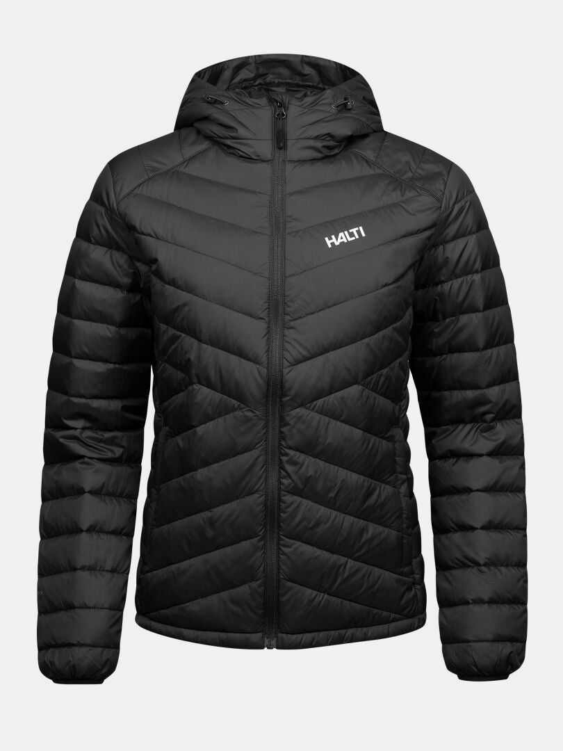 Halti Huippu Untuvia Down Jacket Women’s: black hooded recycled down jacket with a front zipper and chevron quilting.