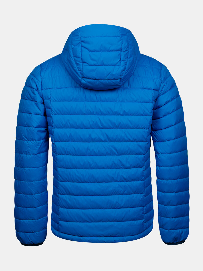 Back view of a bright blue Huippu Untuvia Down Jacket Men’s featuring a quilted design and a hood.