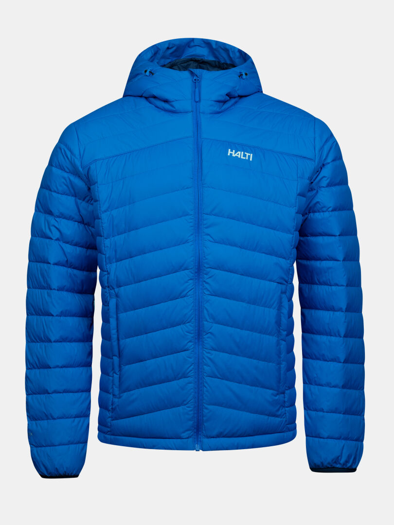Bright blue Halti Huippu Untuvia Down Jacket men’s hooded lightweight down jacket with horizontal quilting and front zipper.