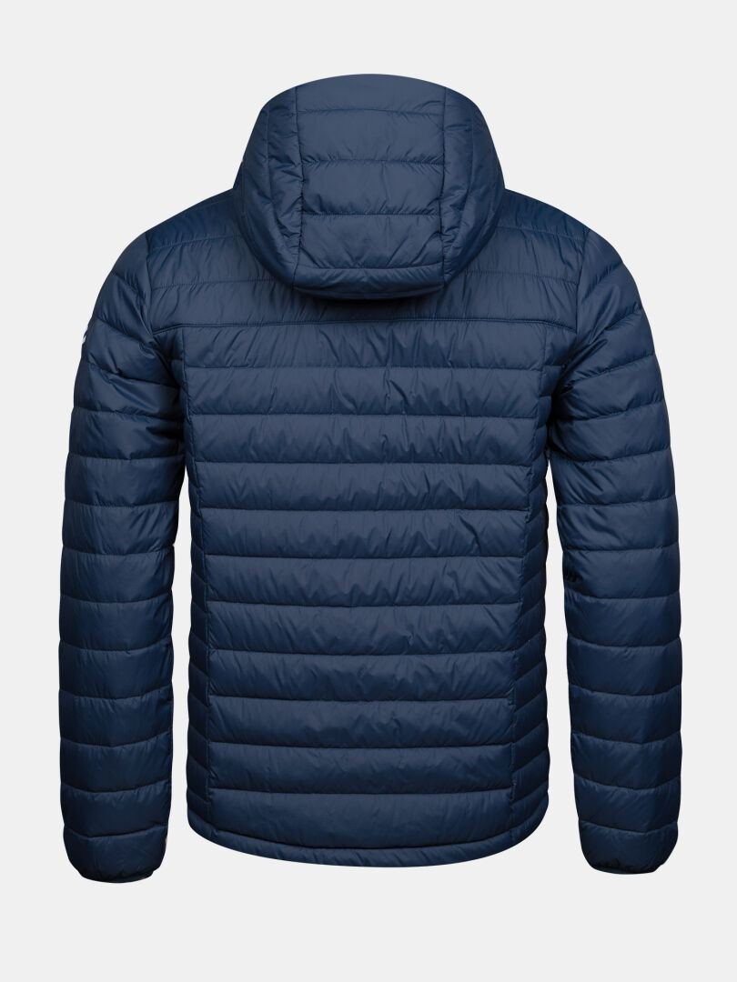 Back view of a navy blue, quilted, hooded Huippu Untuvia Down Jacket Men’s.
