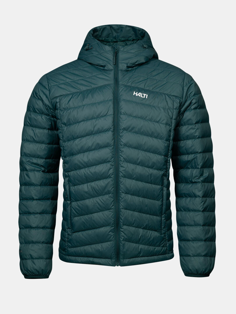 Dark green Halti Huippu Untuvia Down Jacket Men’s, a lightweight hooded silhouette with a front zipper.