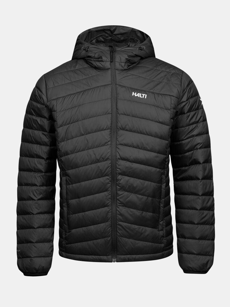 Halti Huippu Untuvia Down Jacket Men’s in black, featuring a hood, front zipper, and chest logo.
