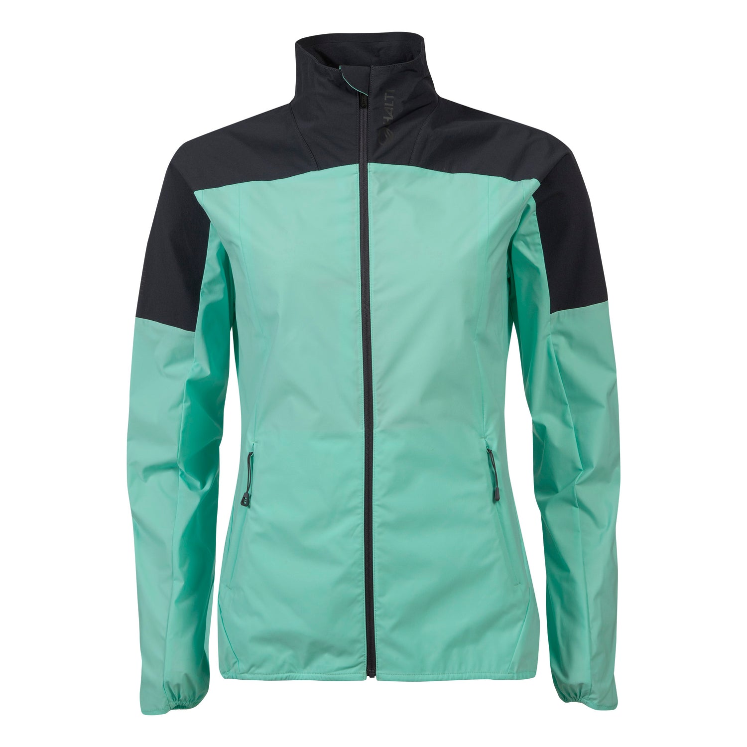 The Halti Urbanite Women's Training Jacket in teal features black shoulder and collar accents on a white background.