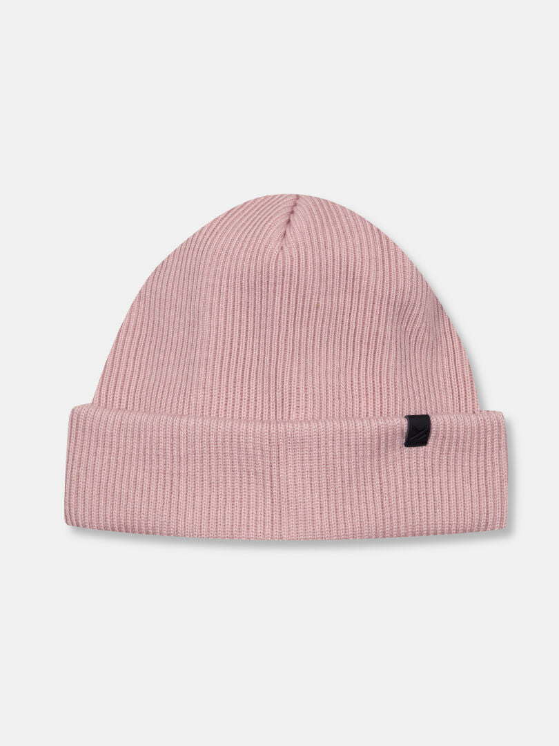 Halti Pehmee Merino Beanie: light pink unisex ribbed knit, folded brim, black tag. Made in Finland.