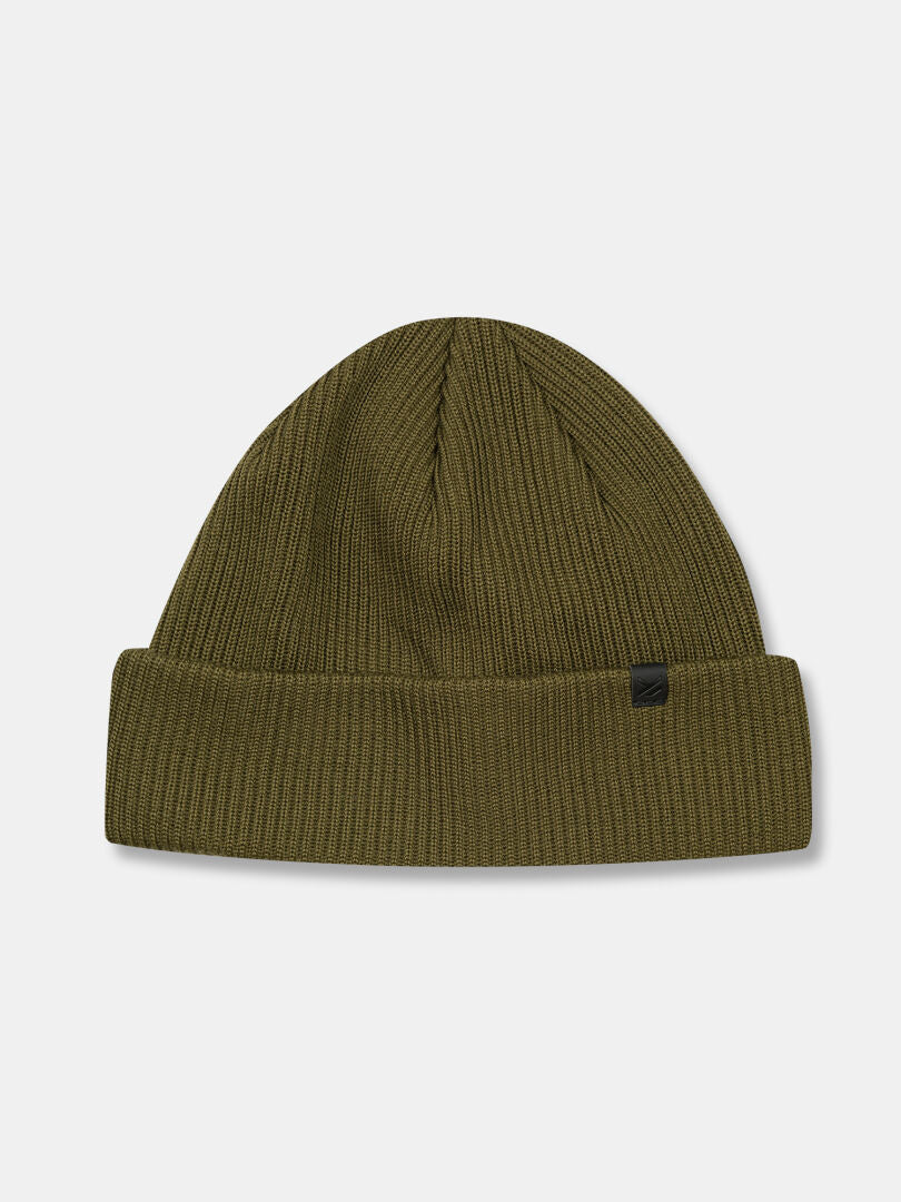 Halti Pehmee Merino Beanie: olive green, ribbed, unisex, folded cuff, small black front tag.