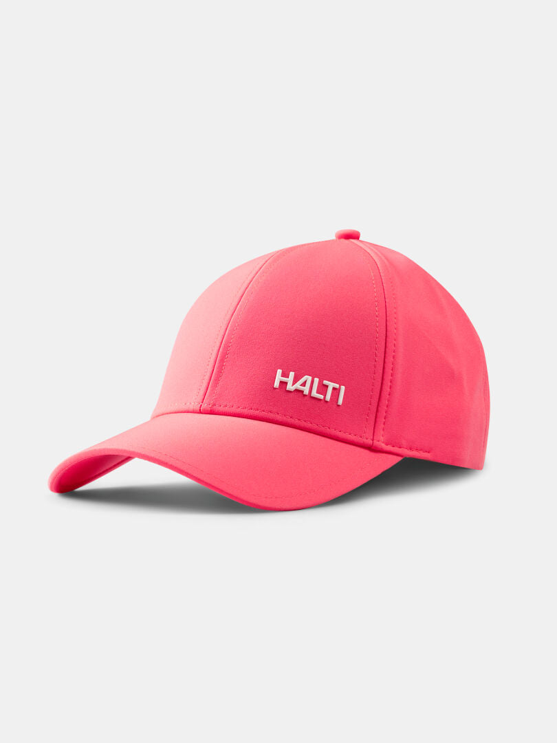 The Halti Mattas Baseball Cap is pink, UPF 50+, quick-dry stretch, with white HALTI embroidery on the front.