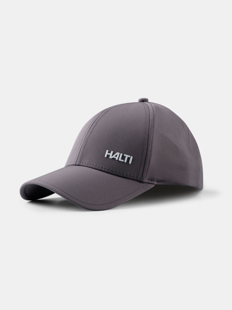 The Mattas Baseball Cap by Halti in gray features white branding and UPF 50+ quick-dry stretch fabric.