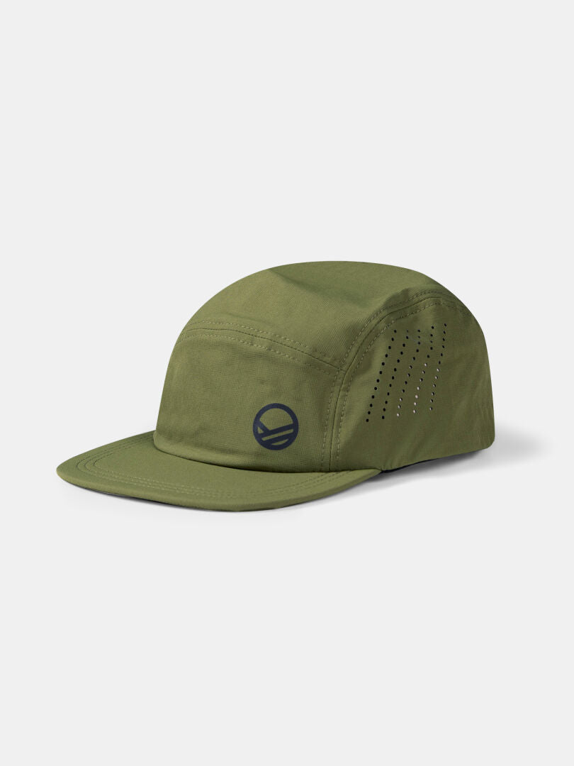 The Halti Aero II Cap is an olive green, breathable 5-panel hat with a black logo and ventilation holes.
