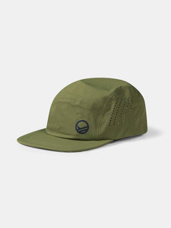 The Halti Aero II Cap is an olive green, breathable 5-panel hat with a black logo and ventilation holes.
