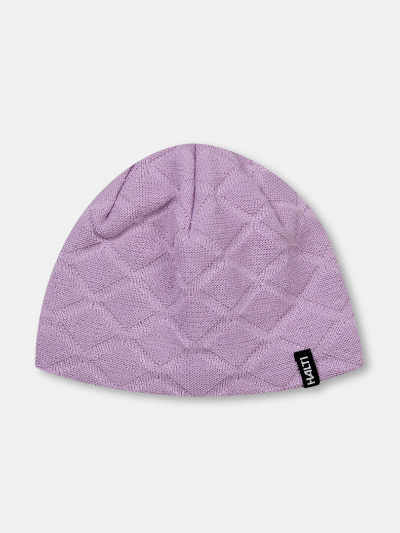 Halti Crostie Merino Beanie: light purple, diamond pattern, black HAT tag on brim.