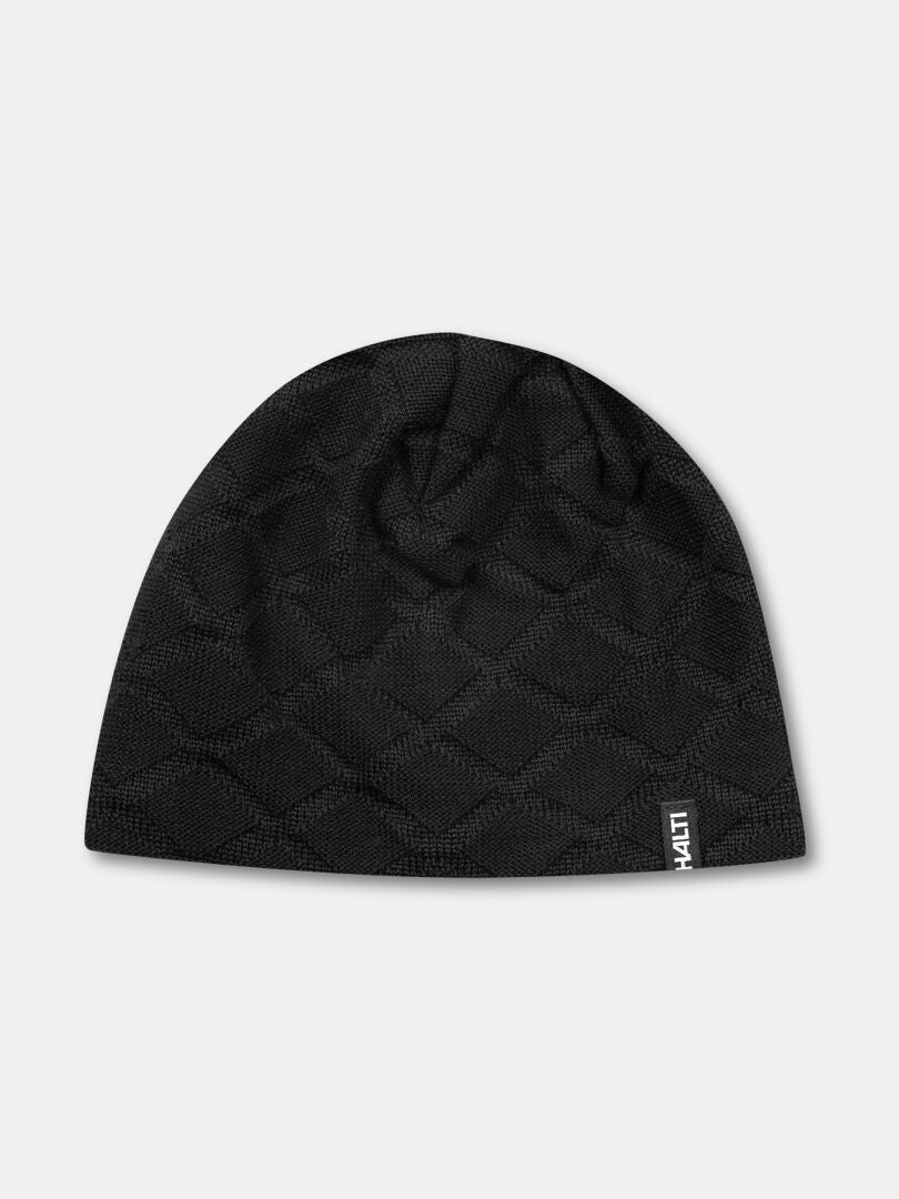 Halti Crostie Merino Beanie—black, diamond quilted, windproof hat perfect for cross country skiing.